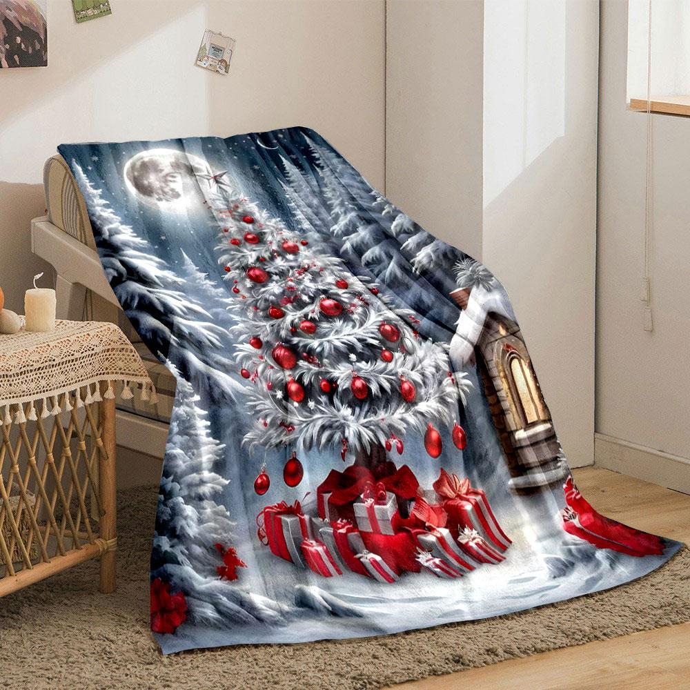 Christmas Tree Moon Snowflake Print Blanket Bedroom Blanket for Livingroom Couch Lunch Break Soft Throw for Friend's Festival Gift