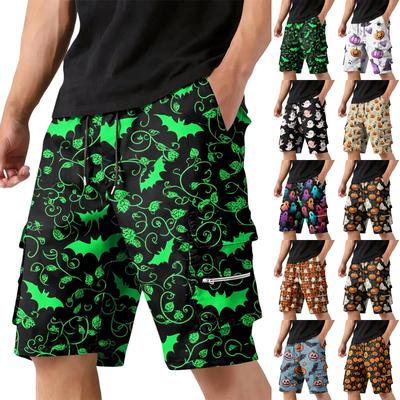 Men's Halloween Multi Pocket Drawstring Cargo Shorts Casual Loose Fit Mid Length Shorts with Adjustable Waist and Functional Pockets