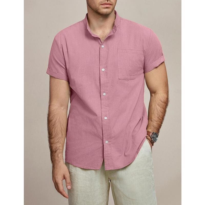 Men Stand Collar Short Sleeve Linen Shirt Full Button Down Chest Pocket Solid Casual Blouse