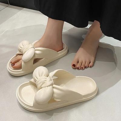 Comemore Bow Slippers Women Summer Shoes  Indoor Home Non-slip Thick Bottom Pvc Cool Slippers Solid Casual Slides Shoes