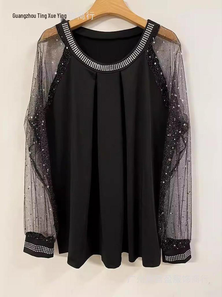 European & American Rhinestone Mesh Sleeve Highlight T-shirt