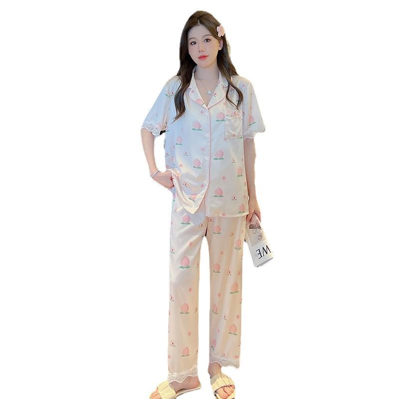 Peach Lace Pajamas Women'S Summer Ice Silky High-End Short-Sleeved Trousers Sweet Home Set