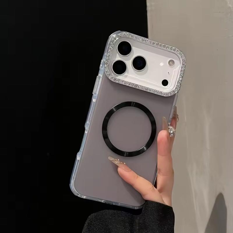 Luxury Sparkling Diamond Decorative Camera Frame Magnetic Case iPhone 17 Air 16 15 14 Plus 13 12 Pro Max 11 Shock Bumper Cover