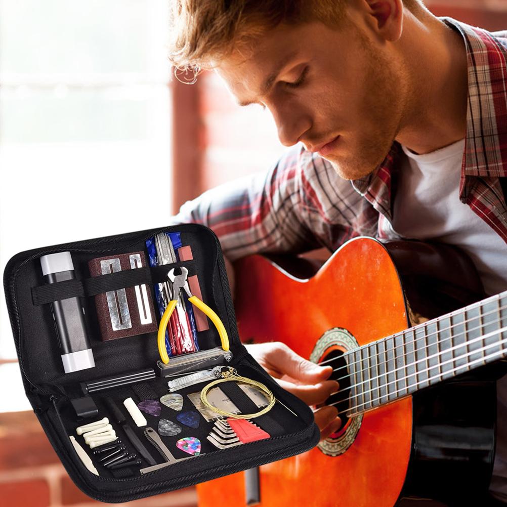 Kit de unelte pentru chitară 72 buc. Unelte de întreținere cu geantă de transport, organizator de corzi, riglă pentru acțiunea corzilor