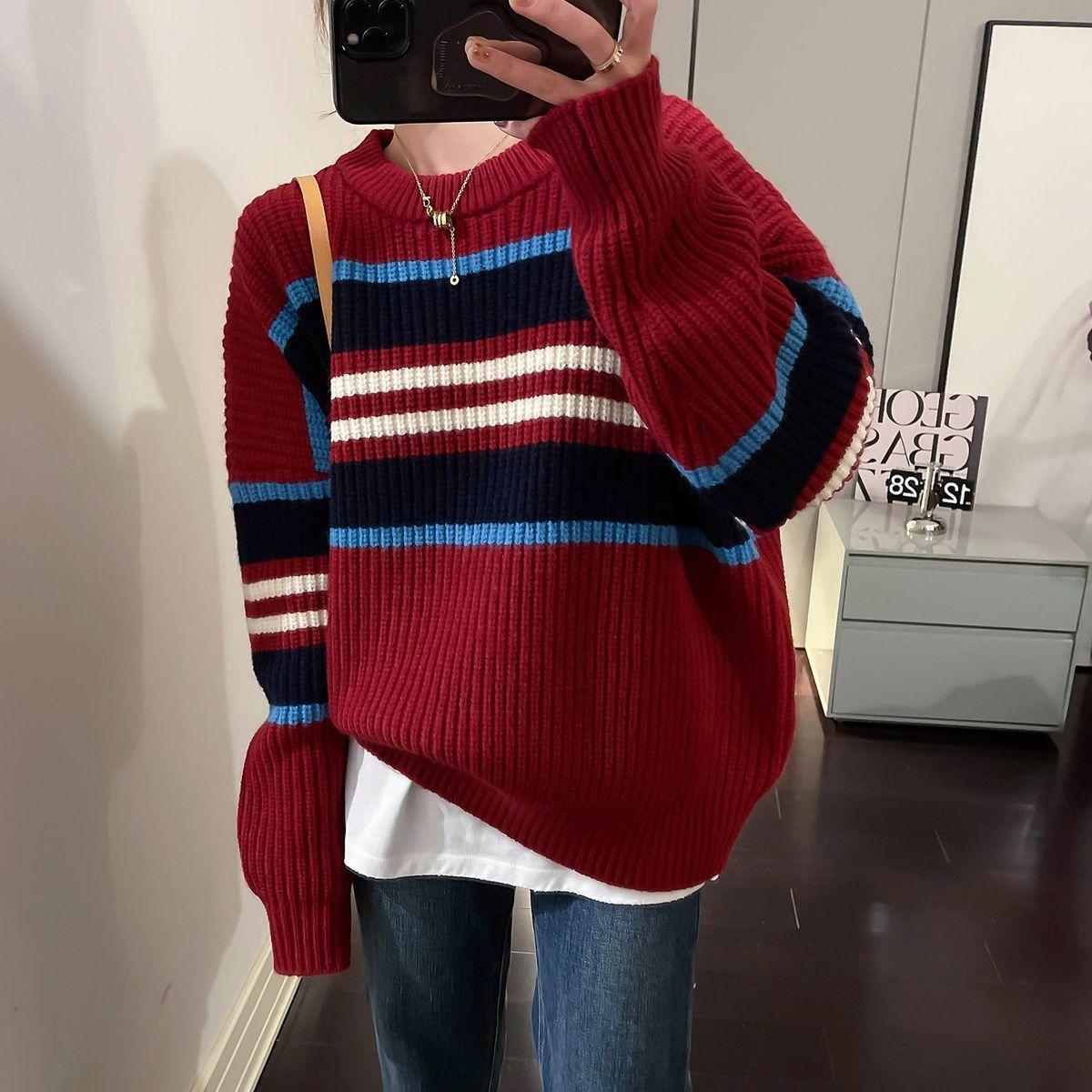 

Women s Red Striped Knit Sweater Top Autumn Winter Loose Soft Color Block Niche Design S