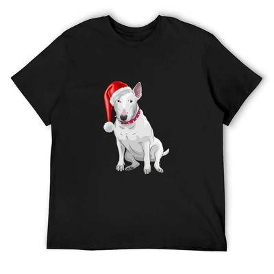 White Bull Terrier with Christmas Hat T-Shirt Short Sleeve Tee Blue Archive Funny T-shirts Mens T Shirt