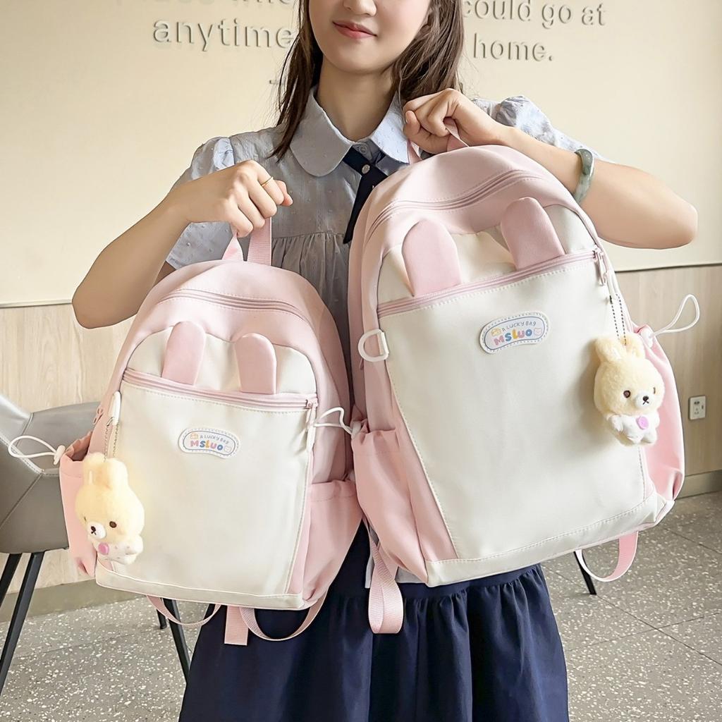 Schoolbag milk fufu color matching three-dimensional rabbit ear backpack soft cute girl holiday girlfriends travel fresh age reduction small backpack