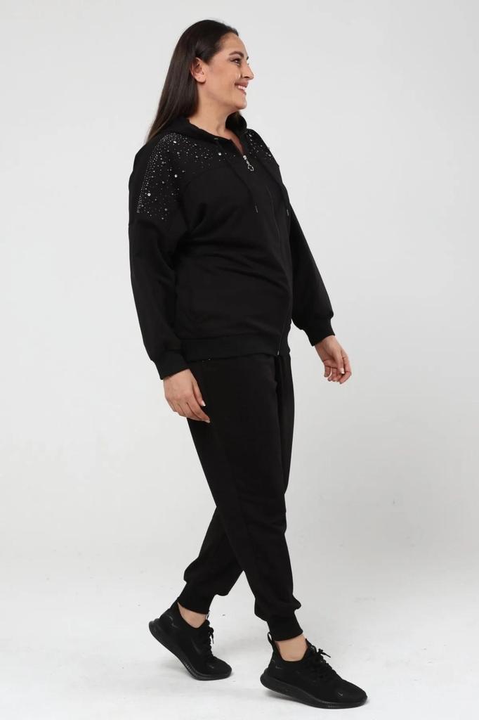 Women's Large Size Stoned Zippered Pocket Jogger Tracksuit Set Black