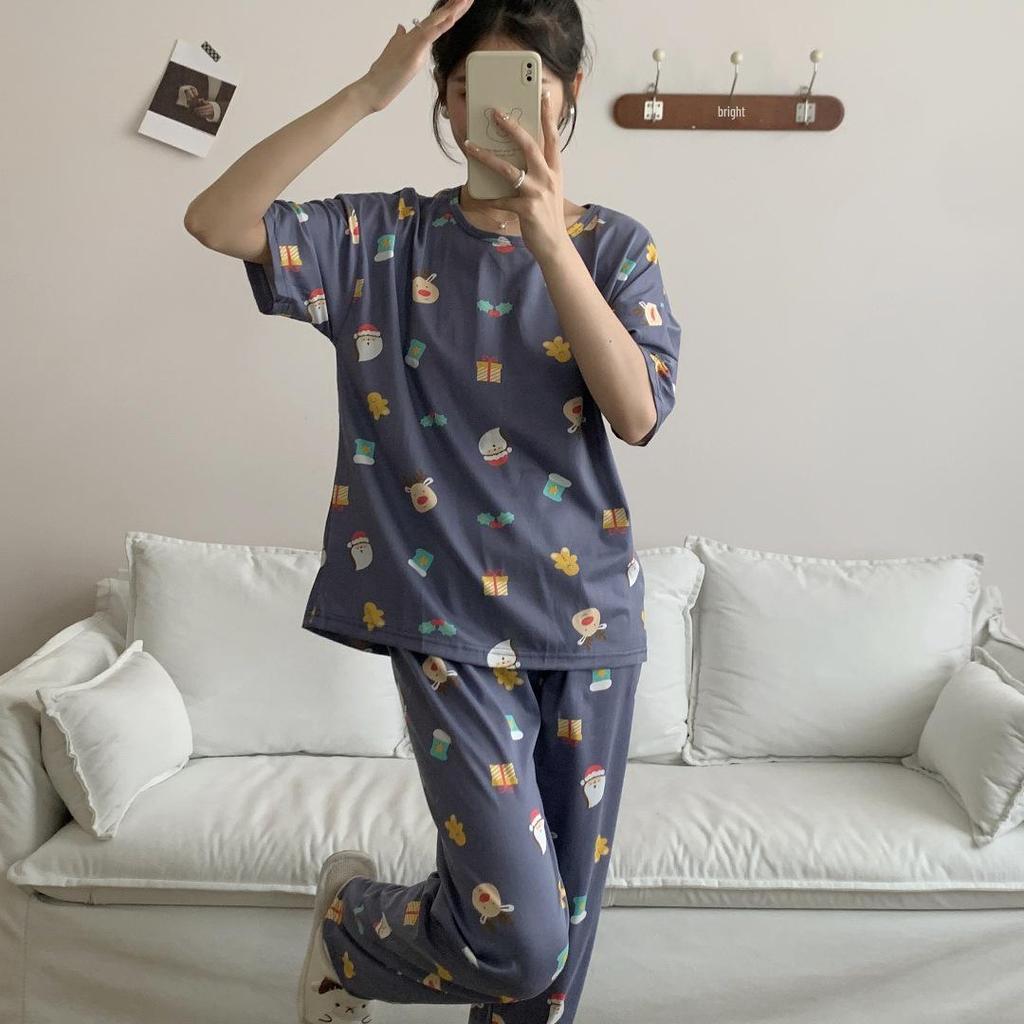Damen Sommer Cartoon Pyjama Set - Rundhals, Kurzarm, Leichte Hose für Frühling & Herbst