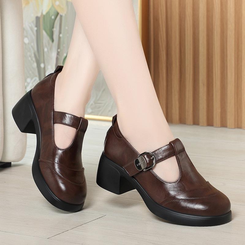 Retro-Lederschuhe Damen Frühling und Herbst Mary Jane Damenschuhe High Heels Einzelne Schuhe zu Röcken Dicke Absätze Bequeme T-Schuhe