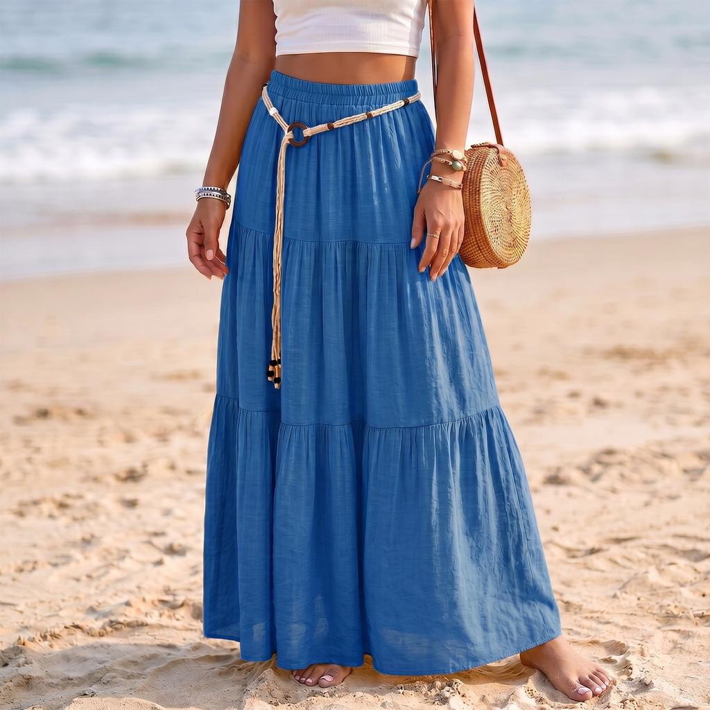 Gonna Maxi da Donna Casual a Vita Elastica, con Volant, Leggera in Cotone e Lino, Lunga, per Vacanze e Mare, Design a Linea A