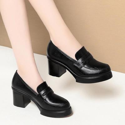 Retro High Heel Mary Jane Single Shoes Women's Deep Mouth Thick Heel Loafers British Thick Sole Mother's Leather Shoes Elegant
