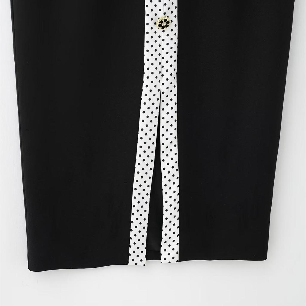 2025 Women's Slim Fit Round Neck Short Coat & Polka Dot Patchwork Skirt Set