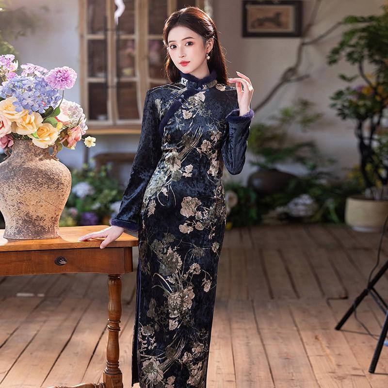 Long Sleeve Winter Kimono-Style Dress With Fleece Lining Stand Collar Zipper Closure Korean Velvet Blend Plus Size