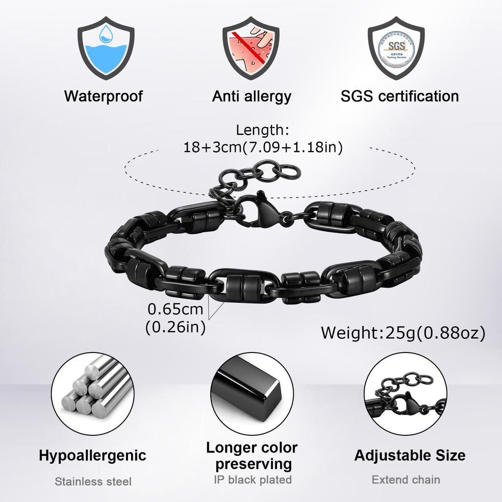 Vnox Black Round Byzantine Link Chain Bracelets, Stylish 2026 New Stainless Steel Wristband, Handmade Punk Rock Jewelry
