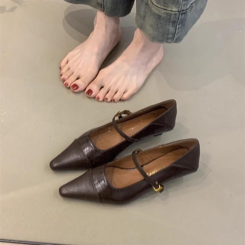 Retro Design Sense Splicing Single Shoes Women's 2025 Spring and Autumn New Versatile Thick Heel Pointed One-word Buckle Temperament Flat Shoes