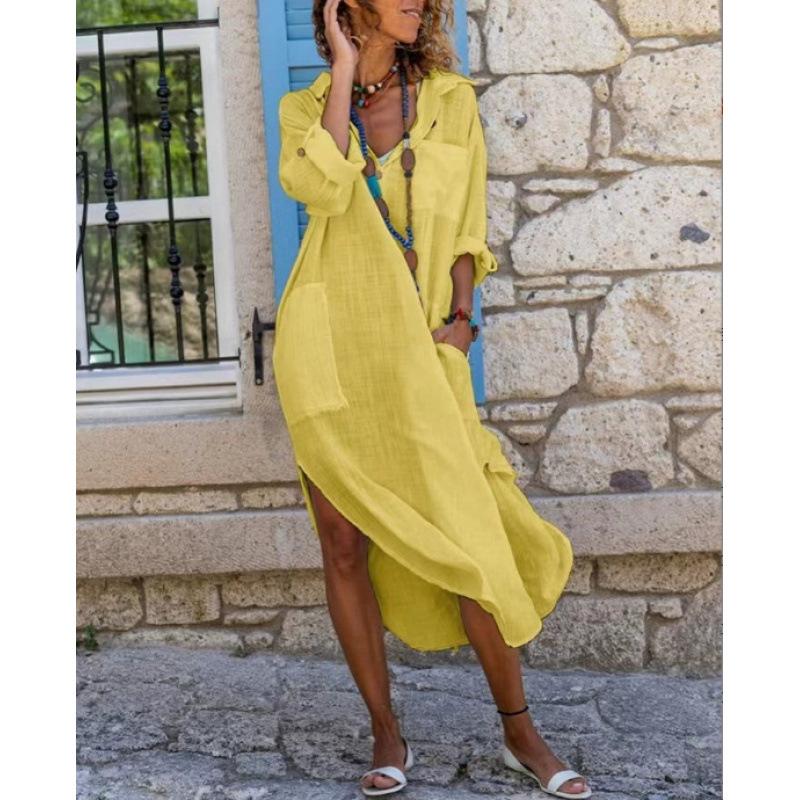 

New solid color button split fork loose breathable casual shirt cotton and linen long shirt skirt women 5XL жовтий
