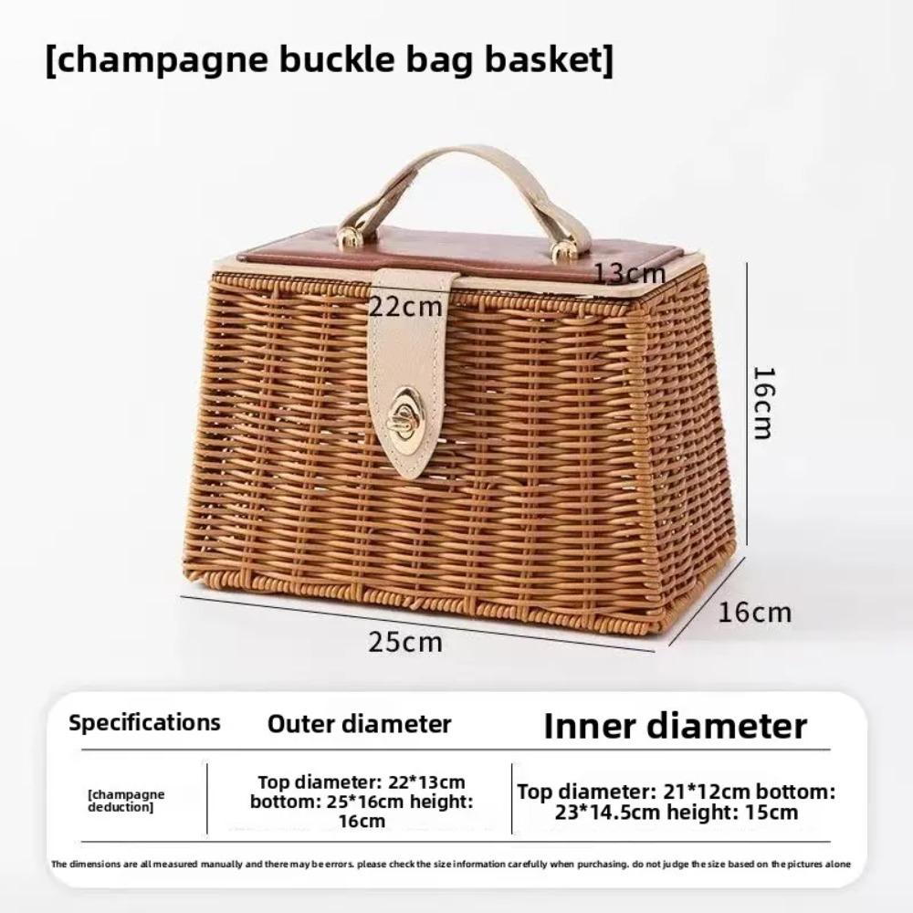Handwoven Imitation Rattan Woven Storage Basket Box Handbag Home Organizer Decorative PU Leather Lid Creative Picnic Baskets коричневый