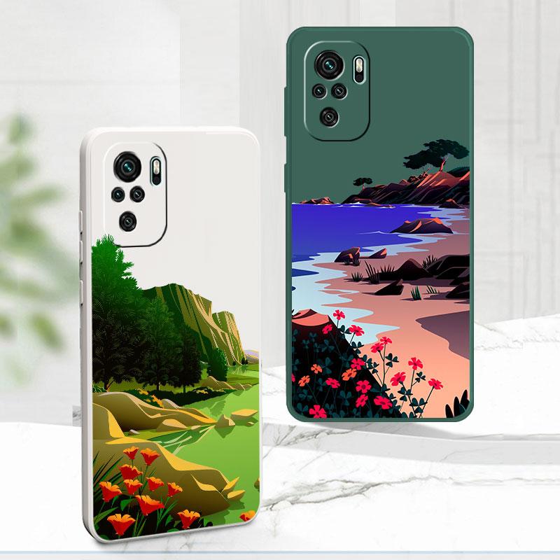 

Liquid Silicone Case for Xiaomi Redmi Note 11T 9C 11 Pro 10T 11S 10 Pro 7 10C K40 Pro 9T 9A 8 9 9S Hand Painted Landscape Coque