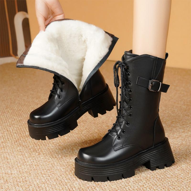 Fashion Snow Boots Female Genuine Leather New High Heel Platform Women Ankle Boots British Style Natural Wool Warm Women Winter Boots