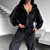 Velvet Stripe Hoodie Cardigan & Wide Leg Pants Two-Piece Set for Women