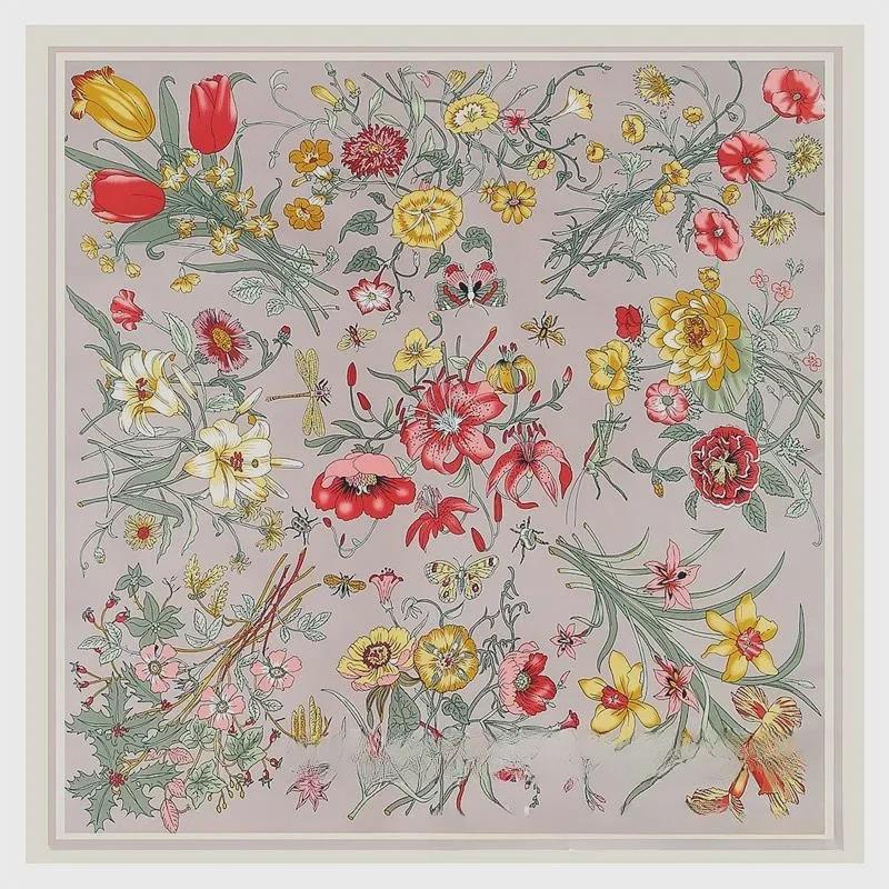 "New European and American Jungle Floral Bird Print 130cm Silk Twill Satin Square Scarf Shawl"