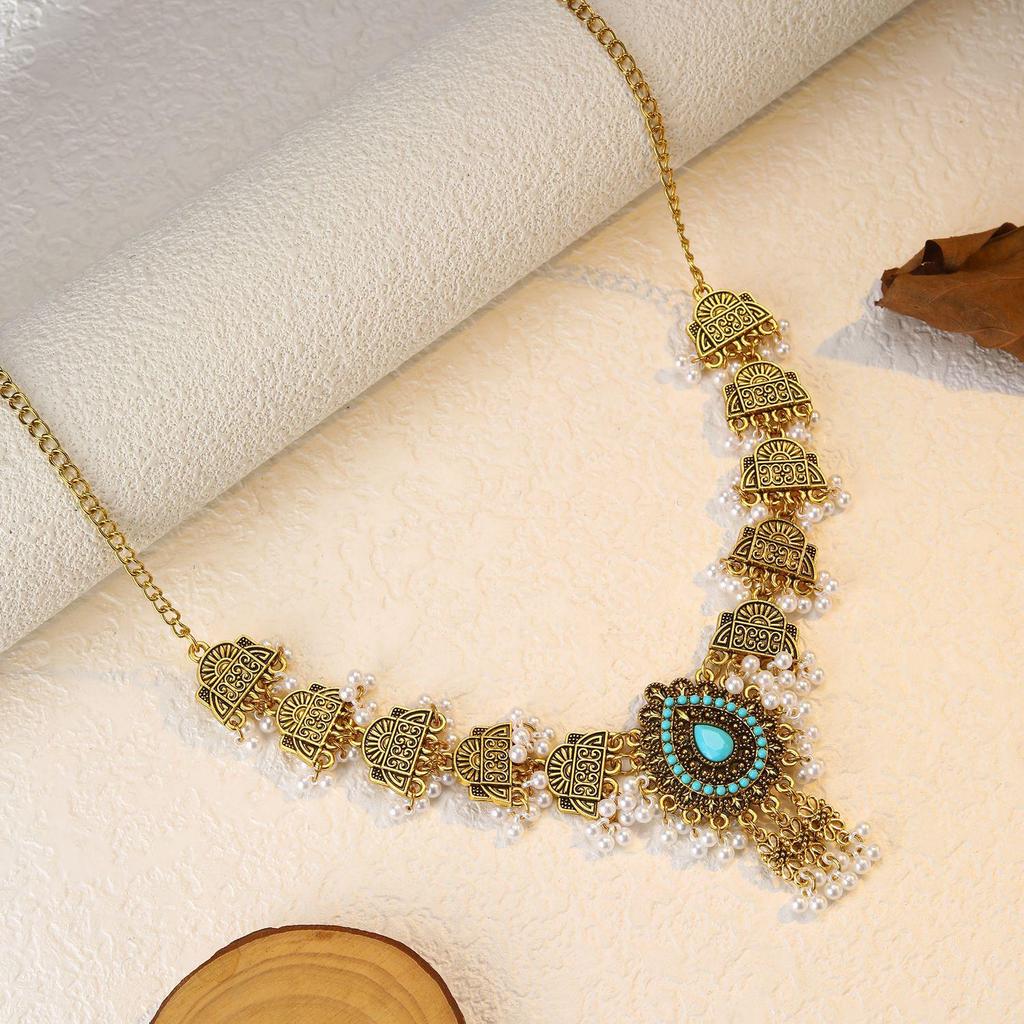 Bohemian Exotic Rhinestone Tassel Necklace & Earrings Set In Antiqued Alloy