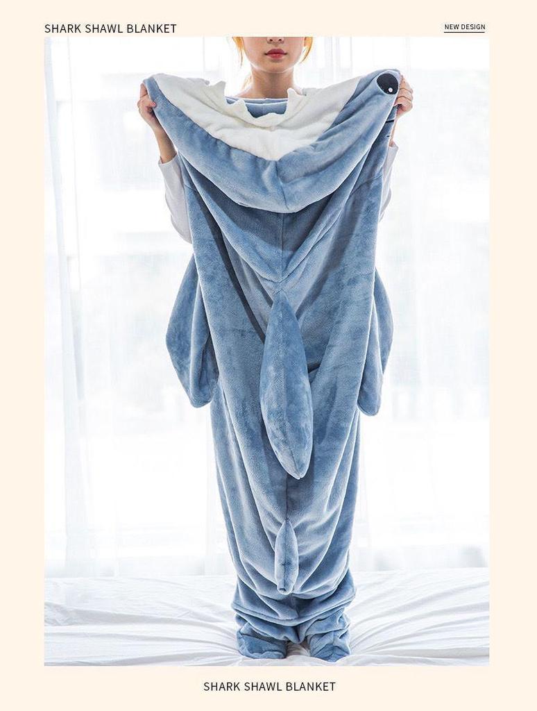 Sac de Dormit din Flanel cu Glugă de Rechin și Pijamale Cosplay - Salopetă All-in-One Caldă și Moale