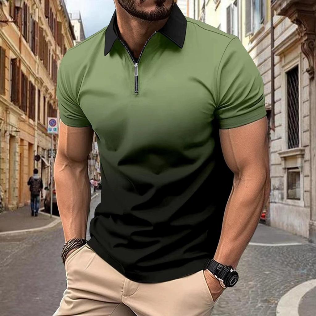 Men'S Short Sleeve Zipper Polo Shirt Interface Color 3D Printing Business Fashion Casual Shirt