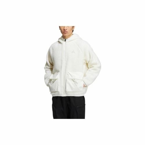 adidas Logo Embroidered Hooded Zip-Up Work Jacket for Men, White
