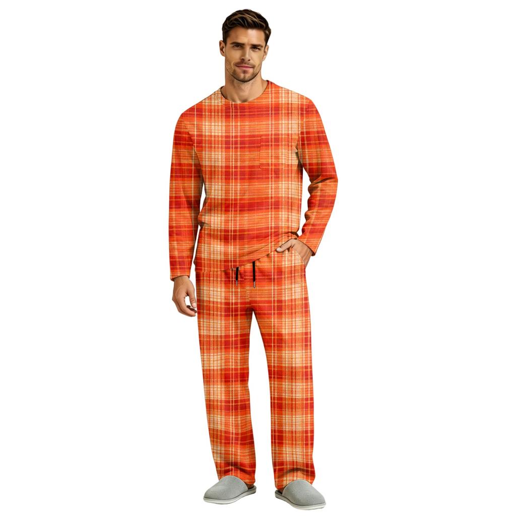 Men's Long Sleeve Pajama Set with Button Crotch and Elastic Drawstring Waist for Home Comfort