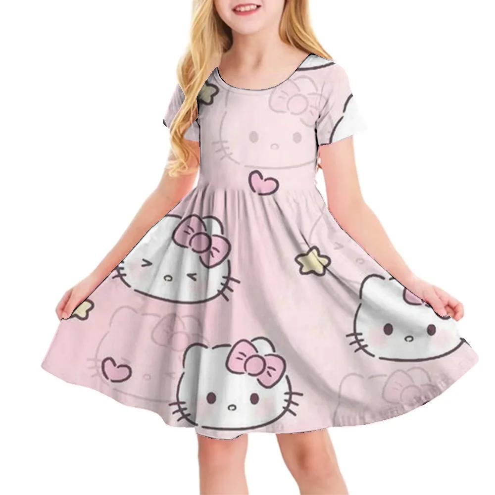 Hello Kitty Printed Children T Shirt Dresses Kuromi My Melody Girls Casual Dress Kids Cute Kitty Clothes for 1-10Y Summer Comfy