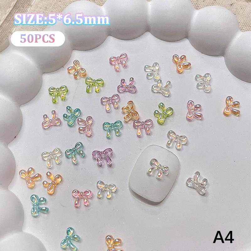50Pcs Manicures Decoration Charm Colorful Bow Nail Art Accessory Illusionary AB Color Resin Ribbon Bows