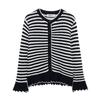 Kaslead New Women clothes Western Style Laminated Decoration Stripe round Neck Knitted Outerwear 4331020 104
