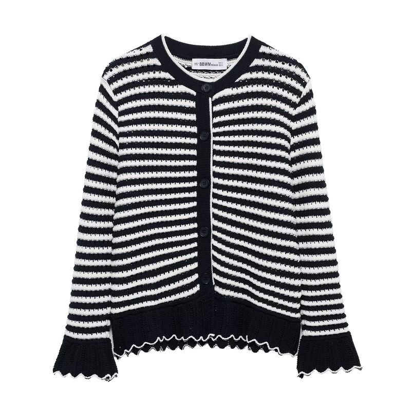 Kaslead New Women clothes Western Style Laminated Decoration Stripe round Neck Knitted Outerwear 4331020 104