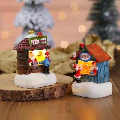 Christmas Winter Village House Ornaments Mini Light-up Christmas Shop with Santa Resin