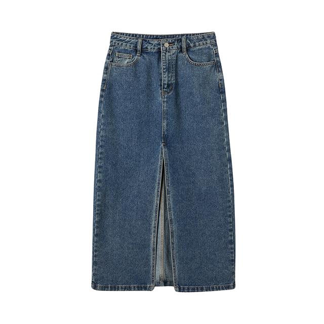 Rap Washed Front Slit Long Denim Skirt Aq3Ds864