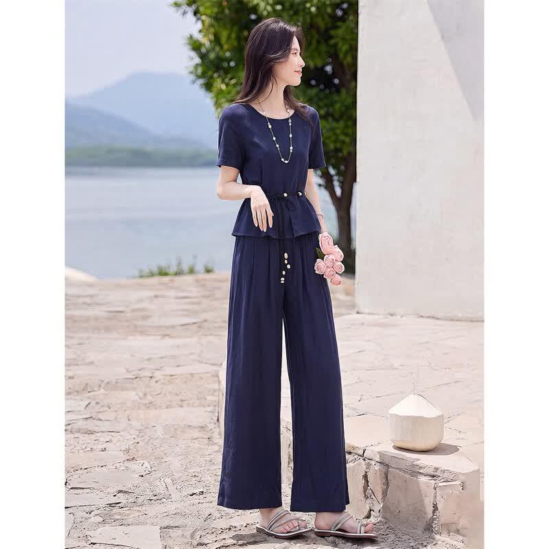 Women's Fashion Short Sleeve Top & Wide Leg Pants Set