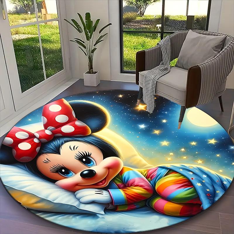 Mickey Mouse Moonlight Bedtime Floral Rug Ideal for Reading Room, Multi-purpose Office Chair Sofa Carpet, Anti-slip Printed Home Round Rug