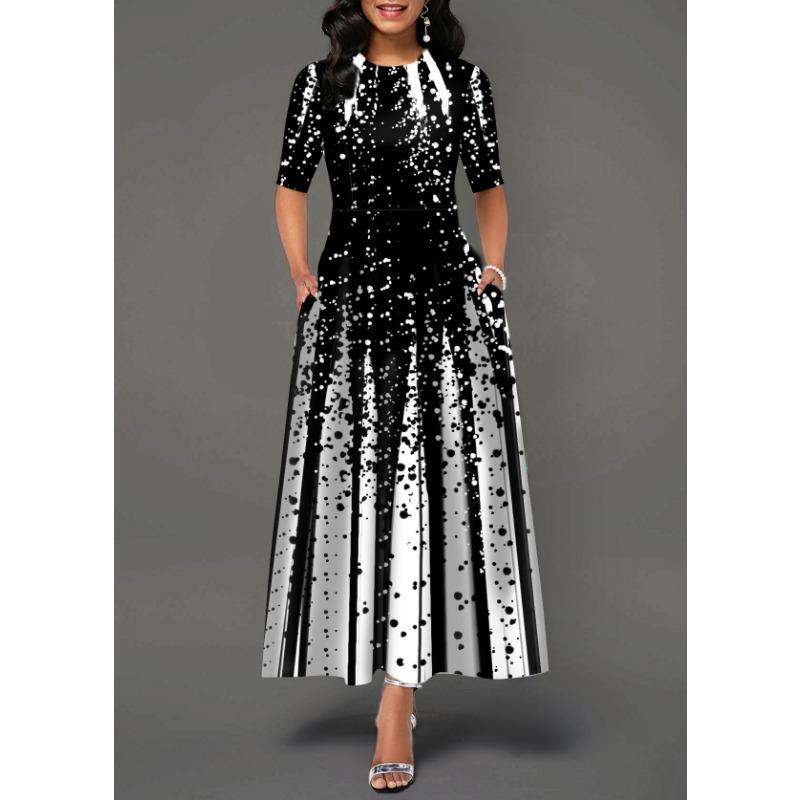 2025 New Women's Fashion Personalized Gradient Positioning Printed Round Neck Middle Sleeve Large Swing Dress