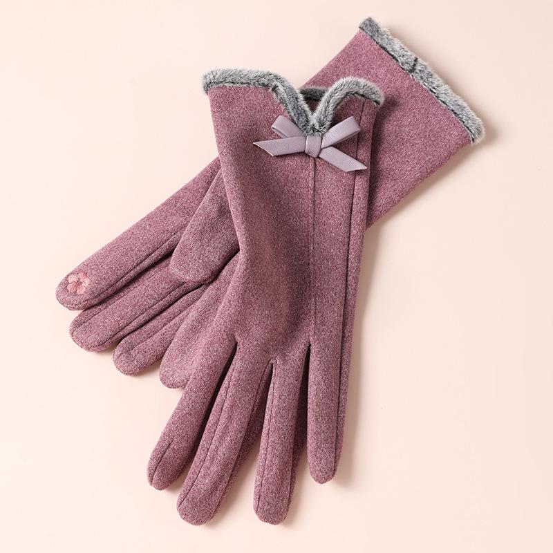 Women's Cute Bow Touchscreen Gloves for Autumn & Winter - Warm, Thickened Velvet, Cold-Proof for Outdoor Cycling