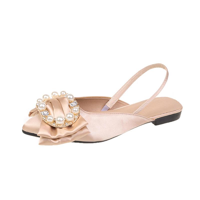 

2025 summer new pearl rhinestone bow Korean version satin sandals pointed head elastic band low heels women 40 абрикосовий