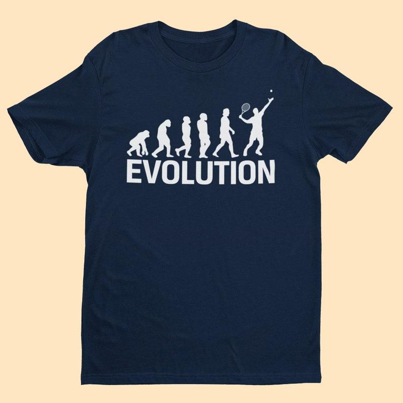 Evolution Of Tennis T Shirt from ape through prehistoric man to tennis player serving