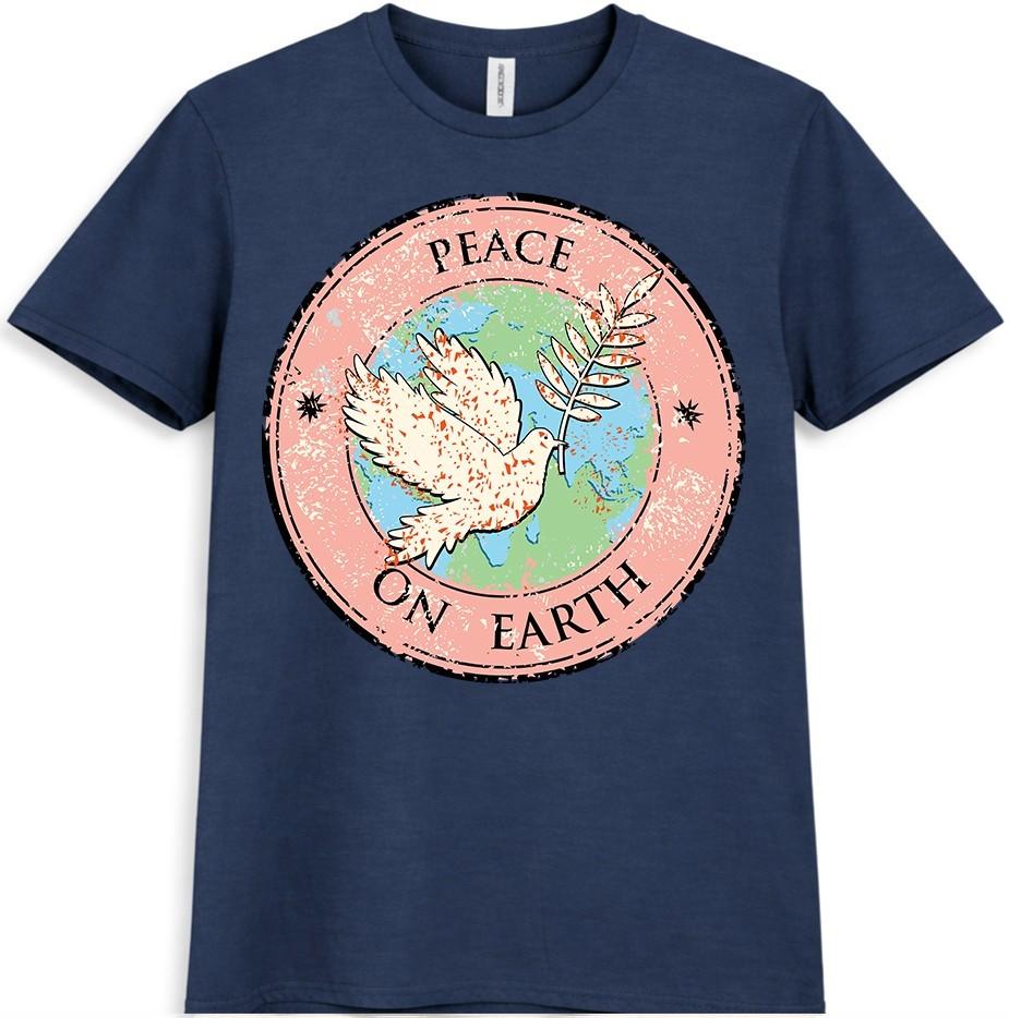 Peace On Earth TShirt Dove Olive Branch Globe Graphic Inspirational Tee