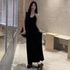 Fashion Casual Neck Dress Women's Summer New Black Design Long Dress Temperament Over the Knee First Love Suspender Skirt
