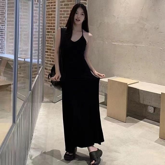 Fashion Casual Neck Dress Women's Summer New Black Design Long Dress Temperament Over the Knee First Love Suspender Skirt