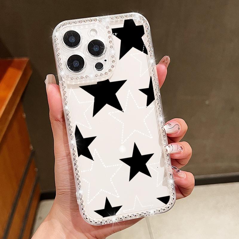 Stars Pattern Diamond Frame Clear Soft Silicone Case For iPhone 16 Pro Max 16E 15 14 Pro 13 12 11 Lens Protection Shockproof Phone Cover