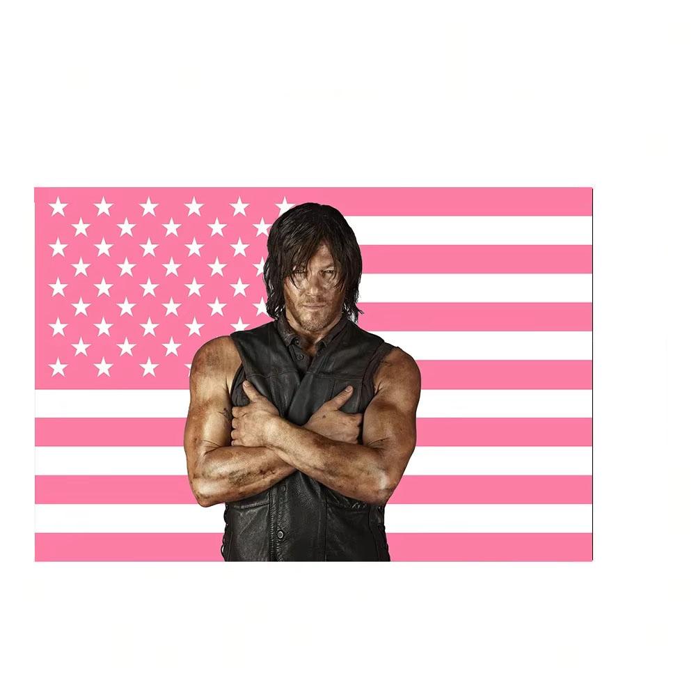 Norman Reedus Daryl Dixon Flag The Walking Dead Poster Pink US Flag Tapestry Bohemian Style Wall Hanging Home Decor with Flat 74x94cm(29x37in)