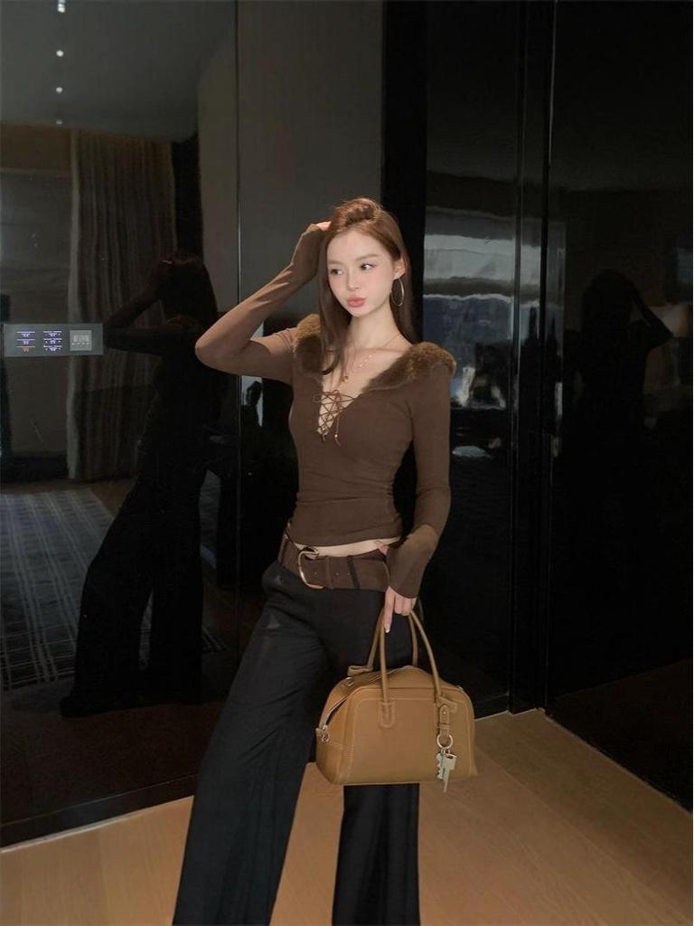 Women's Slim Fit Fur Collar Long Sleeve Top with Tie – Autumn/Winter Chic