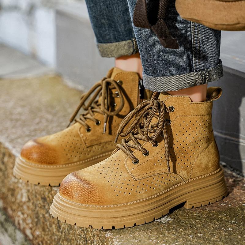 Autumn and Winter Men's High-top Thick-soled Tooling Short Boots Leather Surface Punching Breathable Big Yellow Boots Live Broadcast Outdoor Martin B